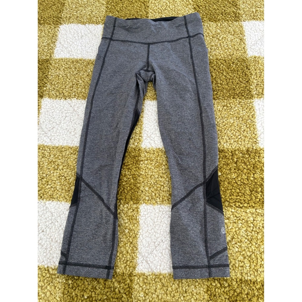 Lululemon Run Inspire Crop II Heathered Charcoal Grey Black Mesh Leggings Size 4